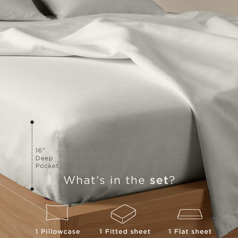 Threadmill Cotton Twin XL Sheet Set | 100% Cotton Sheets for Twin XL Size Bed | Solid Sateen Twin XL Bed Sheets Set with 16â€ Deep Pocket | Soft Breathable 3-Piece Cooling Sheet Set | Light Grey - Image 3